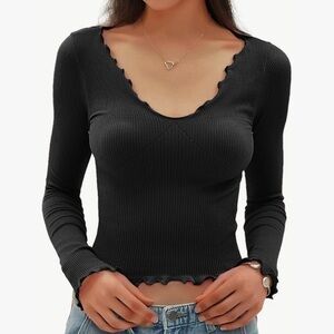 Black Long Sleeve Scalloped Top